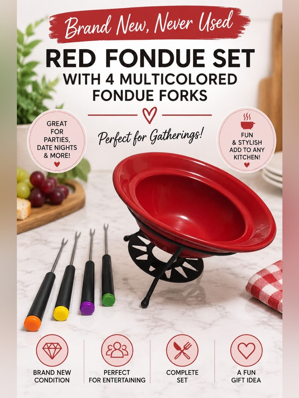 BRAND NEW RED FONDUE SET WITH STAND, VOTIVE CANDLE & 4 MULTICOLORED FONDUE FORKS